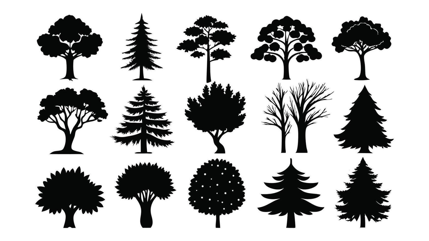 A set features black silhouette outlines of various trees, including palm and pine, showcasing a natural collection with leaf and branch details, set of trees silhouettes vector
