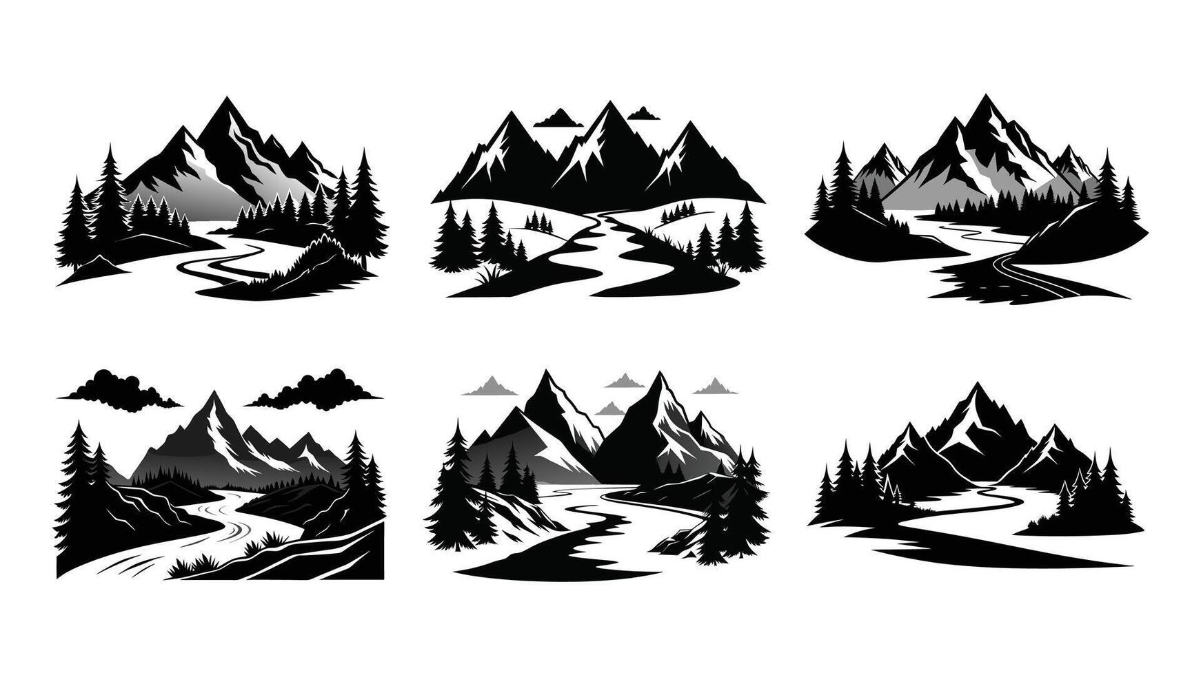 cabin by the river with mountain black silhouette set on white background, camping icons set vector