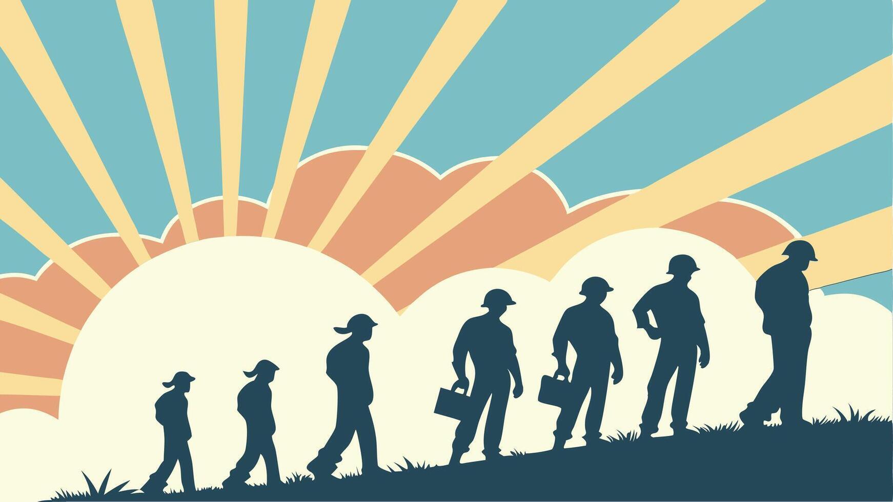 illustration of workers silhouettes with sunburst in the background, May 1st Day, Labour Day concept, Labor Day, Workers Day. Ai created vector