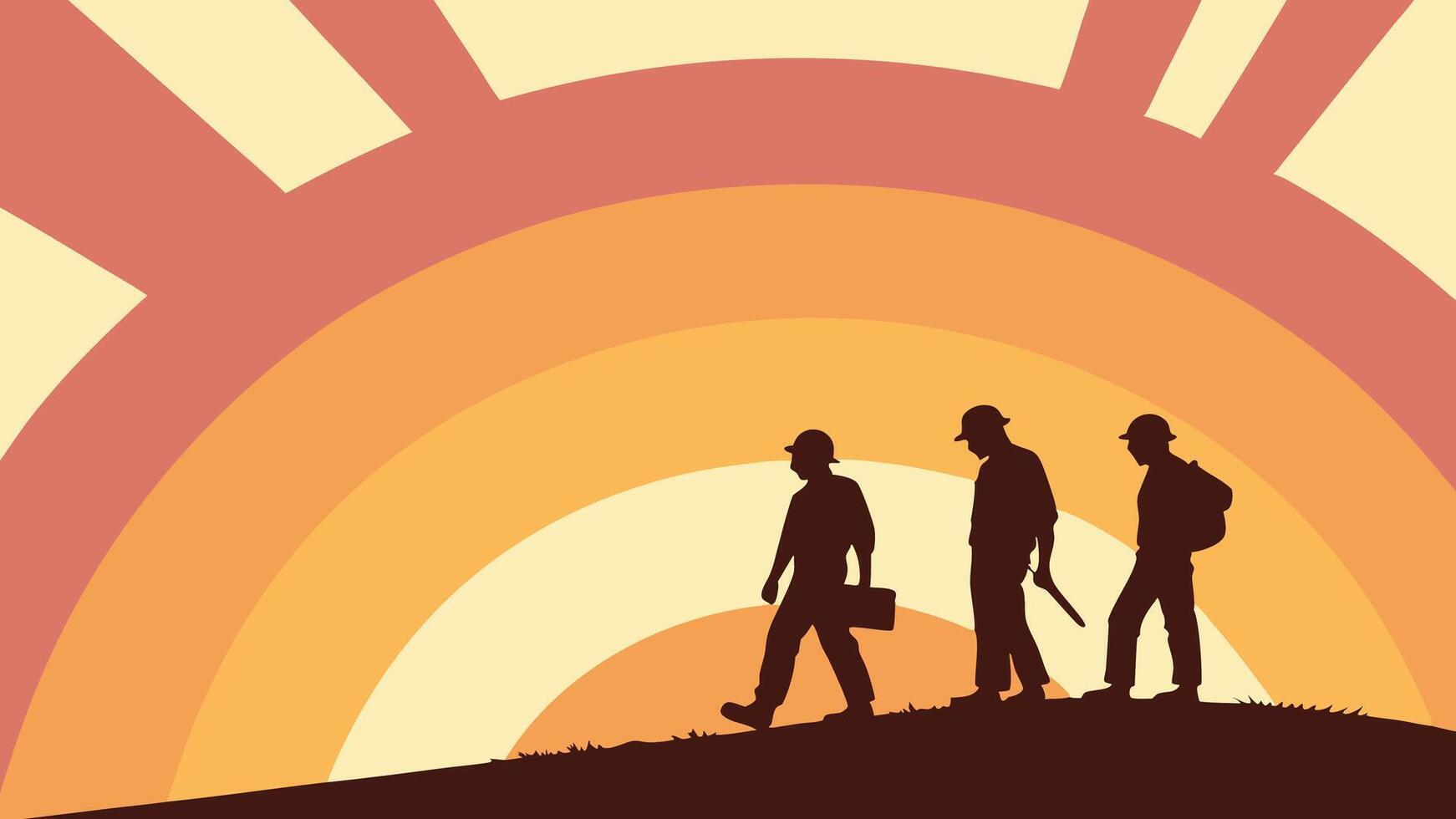 Ai created illustration of workers silhouettes with sunburst in the background, May 1st Day, Labour Day concept, Happy Labour Day, Labor Day, Workers Day vector