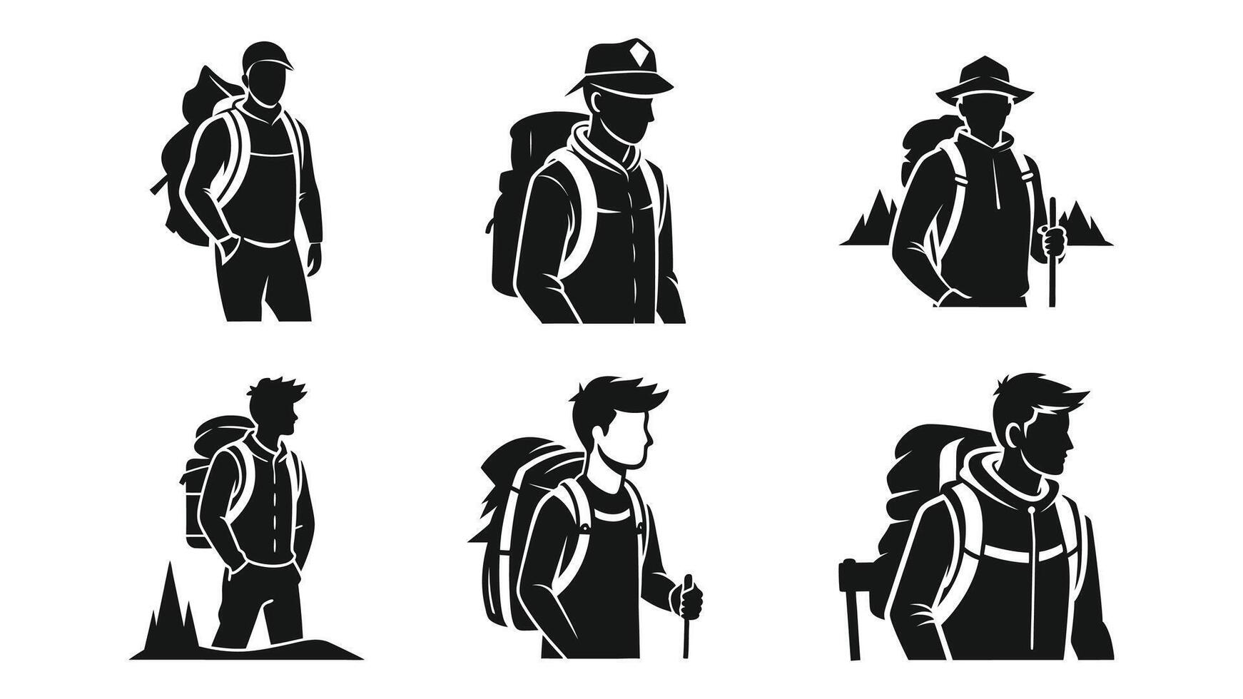 Set of Backpacker man black silhouette on white background, Ai created illustration of backpack people vector