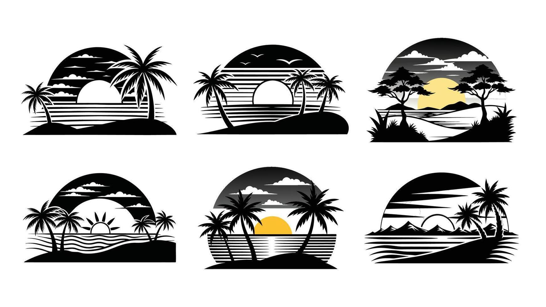 sunset icons set with tropical palm tree, beach and island design, set of travel icons vector