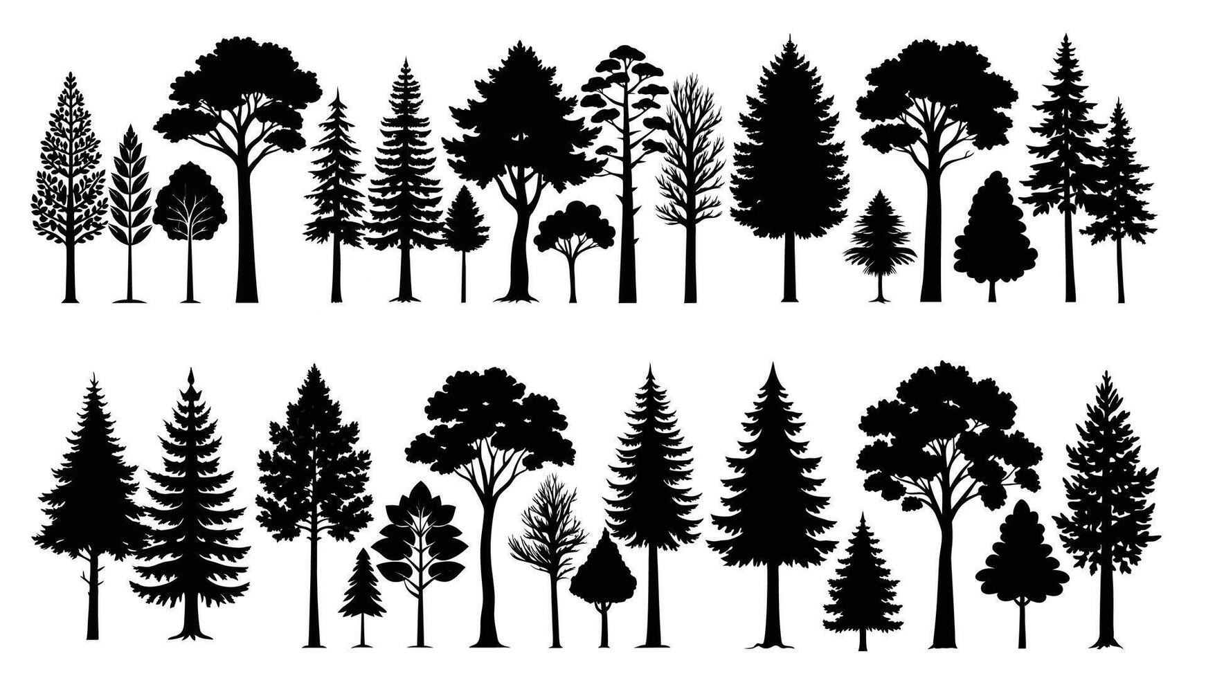 silhouettes of trees, including pine, palm, and oak, illustrate a diverse set of black plants in a forest nature design, set of trees silhouettes, trees silhouette vector