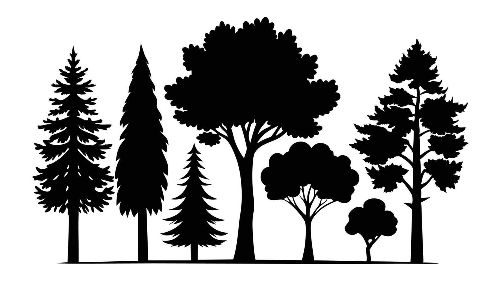 silhouettes of trees, including pine, palm and oak illustration a diverse set in a forest nature design, set of trees silhouettes vector