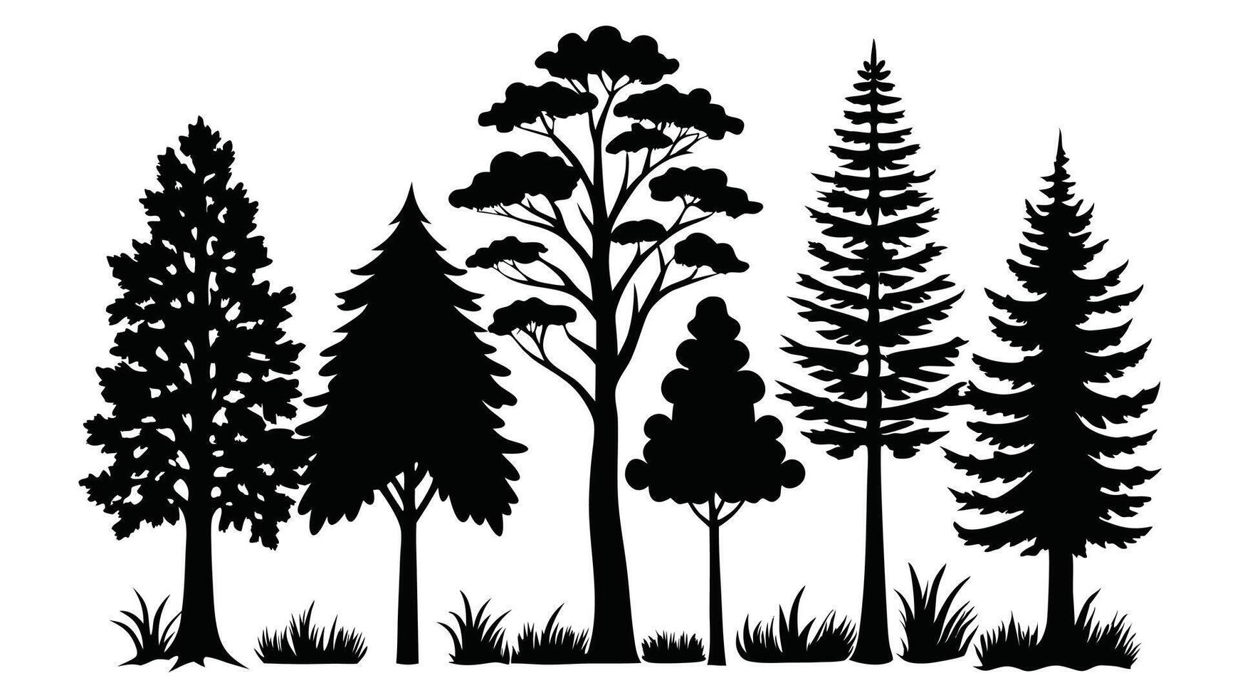 silhouettes of trees, including pine, palm, and oak, illustrate a diverse set of black plants in a forest nature design. vector