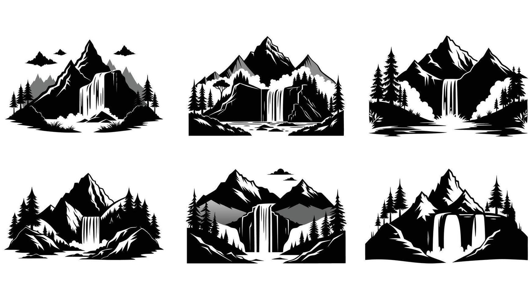 illustration of Waterfall mountain landscape black silhouette set, set of camping icons vector