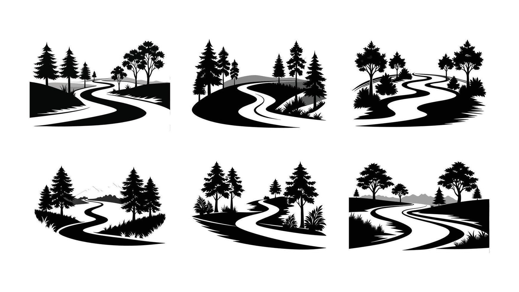 set of Serene river curve with trees lining black and white silhouette on white background vector