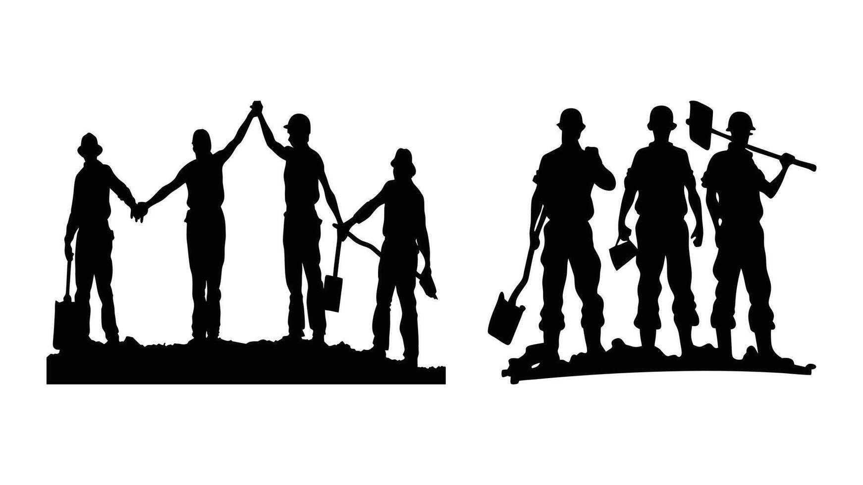 workers standing together in unity set, workers silhouette vector