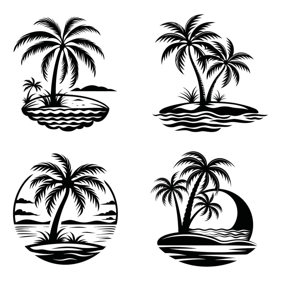 Tropical beach illustration with a set of palm tree silhouettes under the summer sun, set of palms vector