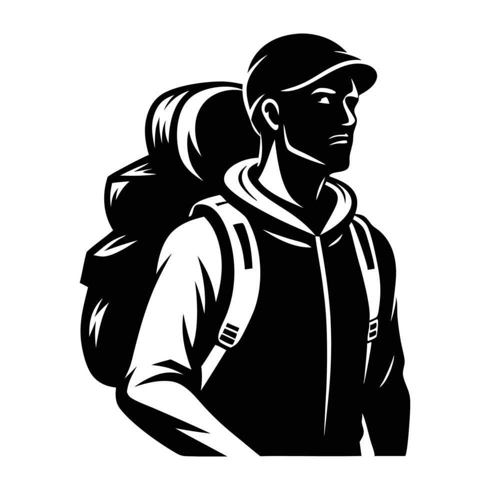 Backpacker man black silhouette on white background, illustration of backpack a man vector