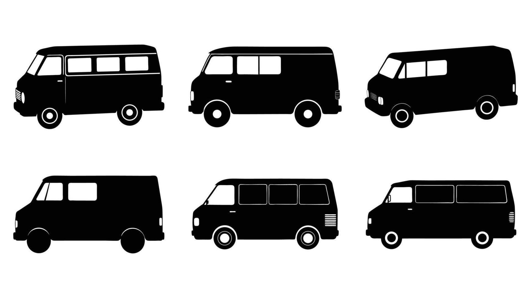 A set of transport icons features a collection of car, truck, van, and bus silhouettes for automobile and delivery design vector