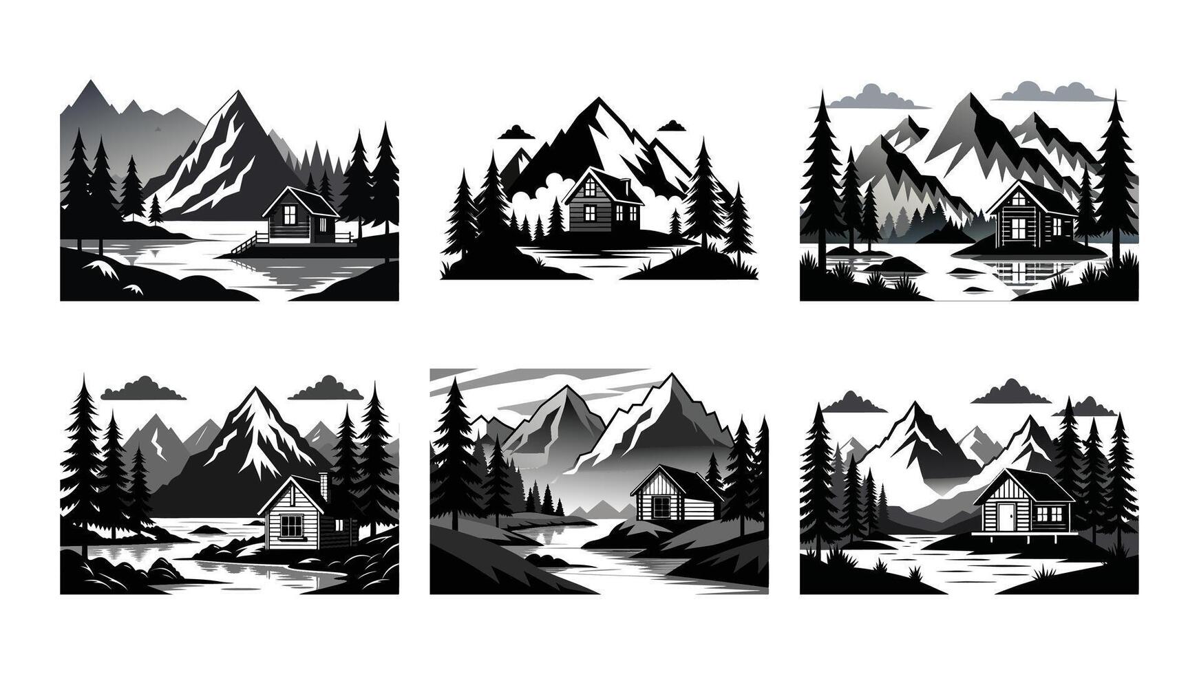 set of Snowy winter landscape of pine trees in a cold forest for a holiday camping scene Ai created vector