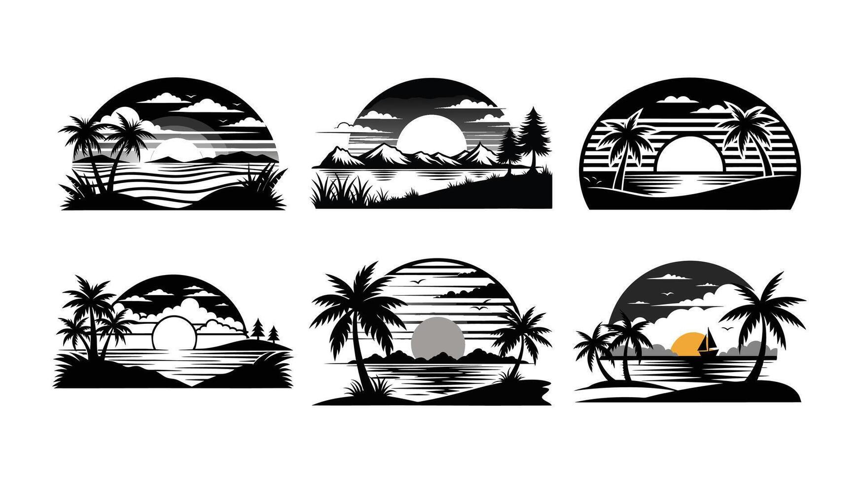 sunset icons set with tropical palm tree, beach and island design vector