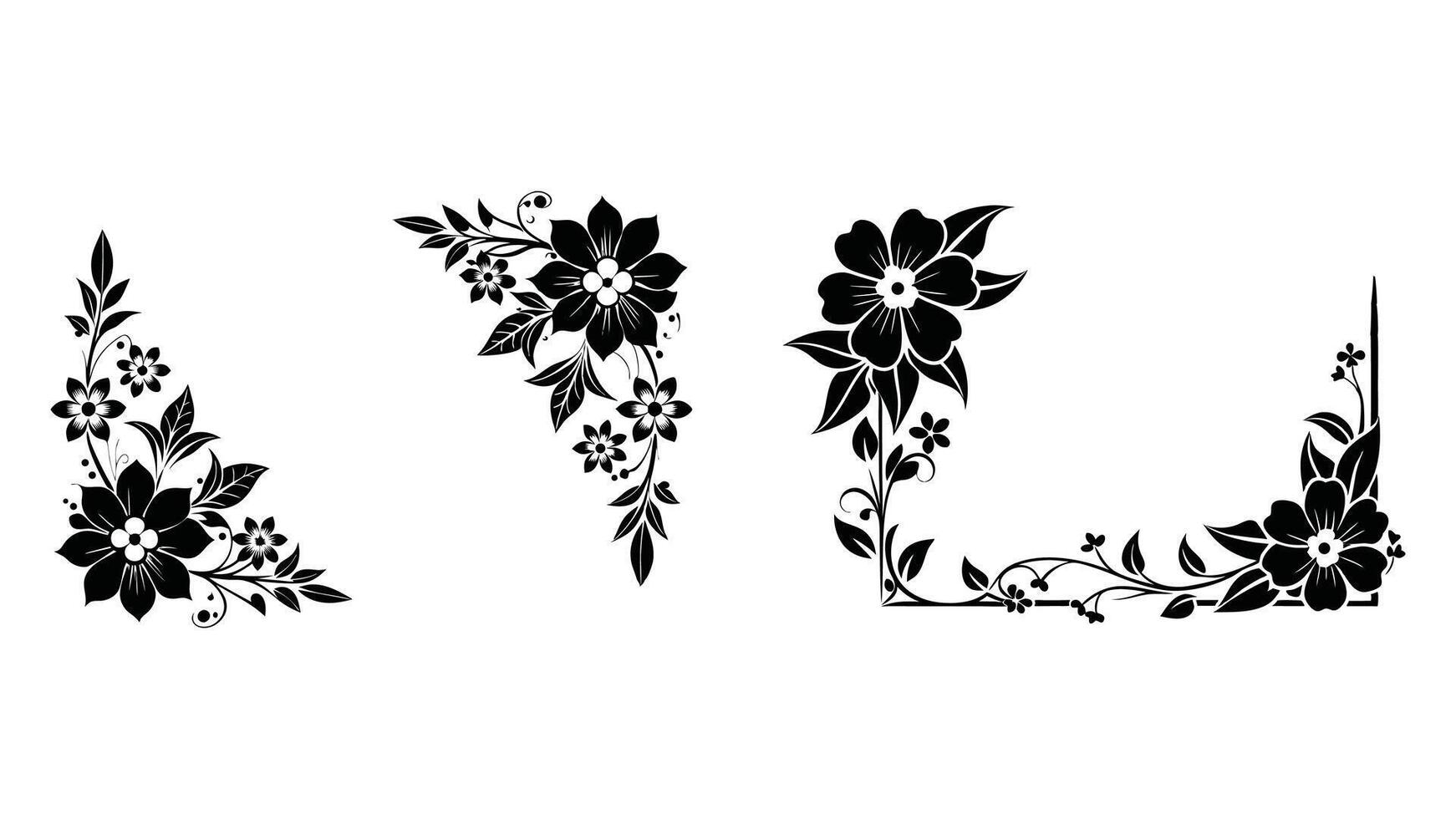 corners and dividers flowers frame black silhouette on white background, abstract floral background vector