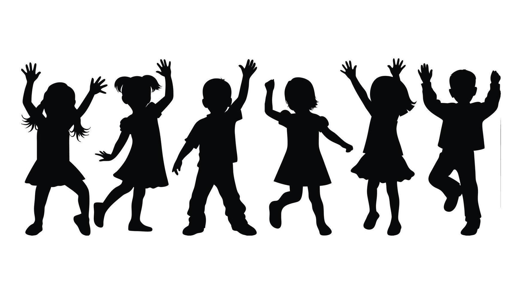group of children black silhouettes in playful poses set against a simple white background, children day concept vector
