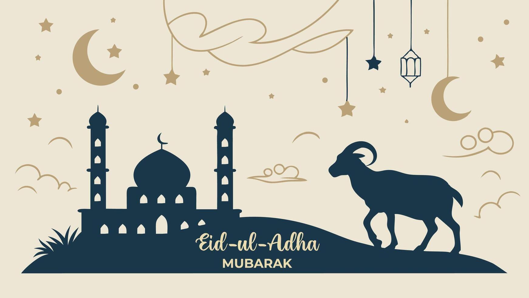 A beautiful, minimalist illustration celebrating Eid al-Adha features a silhouette of a ram in the foreground. Eid mubarak greeting card with mosque vector