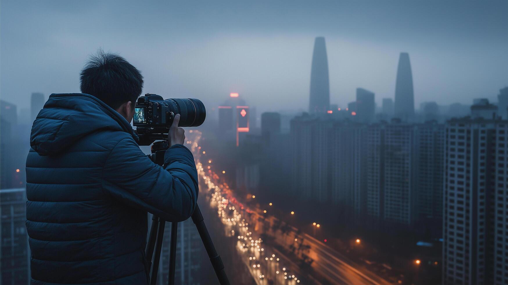 Photographer capturing an urban skyline with a professional camera HD Background, Luxury hd wallpaper Image, Trendy Background illustration photo