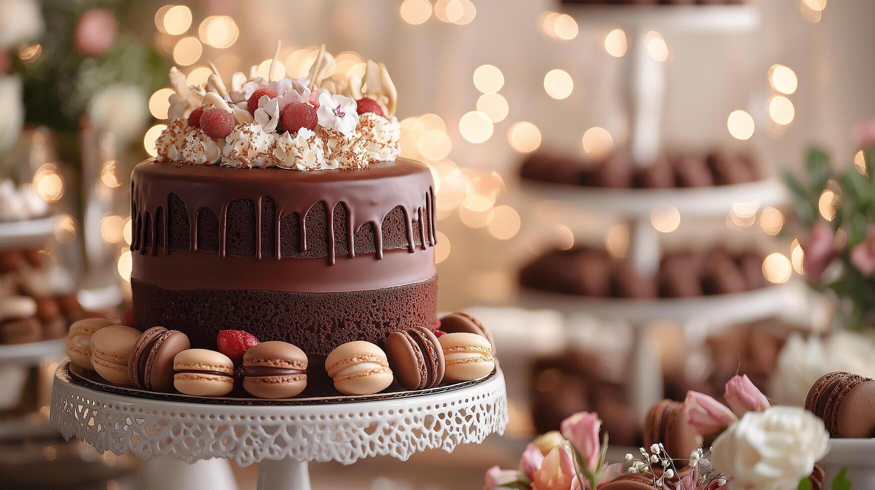 Dessert table with chocolate cake and macarons HD Background, Luxury hd wallpaper Image, Trendy Background illustration photo