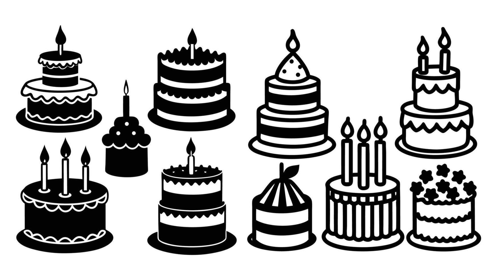A set of cute birthday cake icons and sweet dessert illustrations for celebration, collection birthday cake icons vector