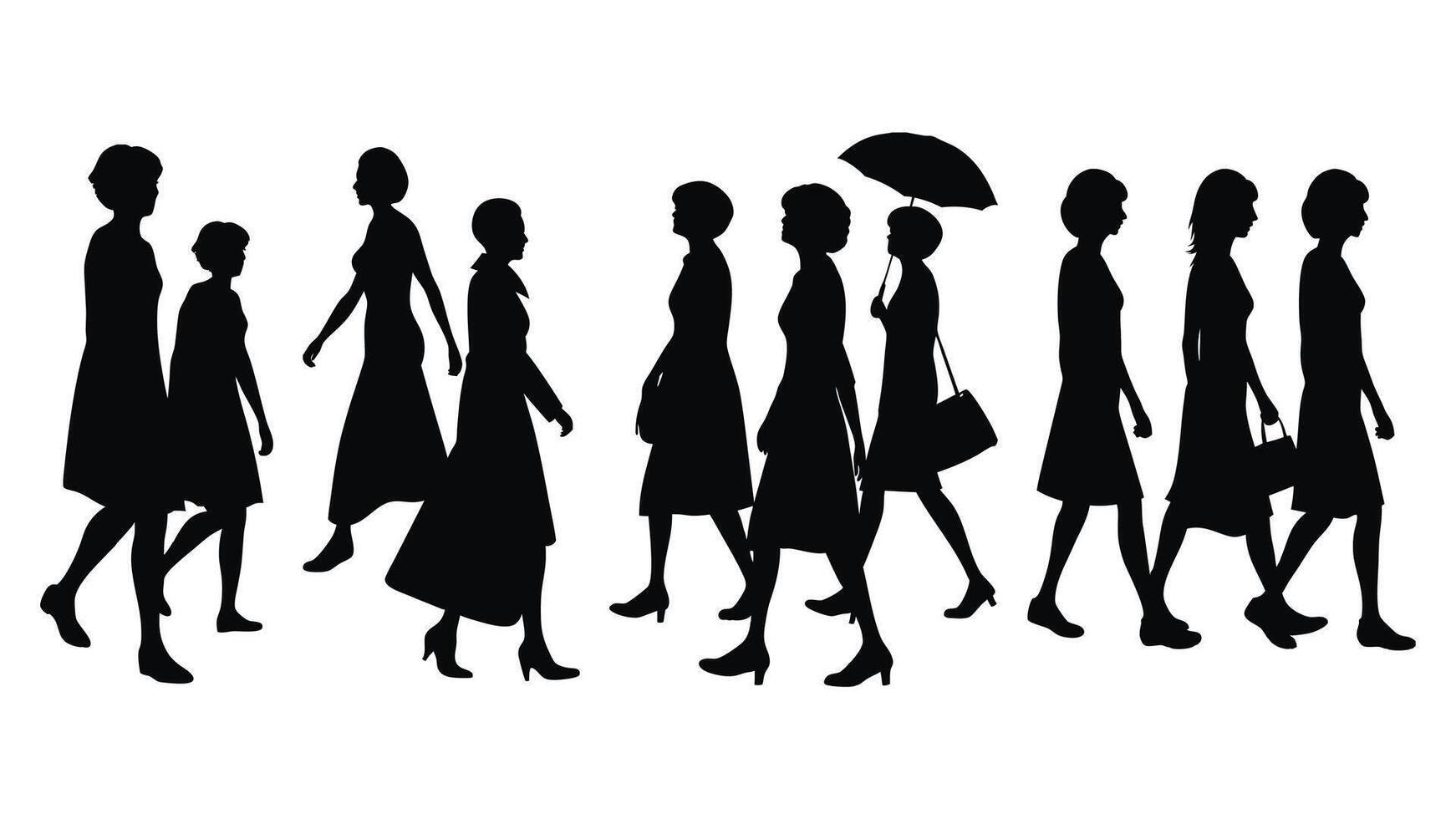 Silhouettes of business people and fashion models, a illustration of a walking group with shadows, silhouettes of woman vector