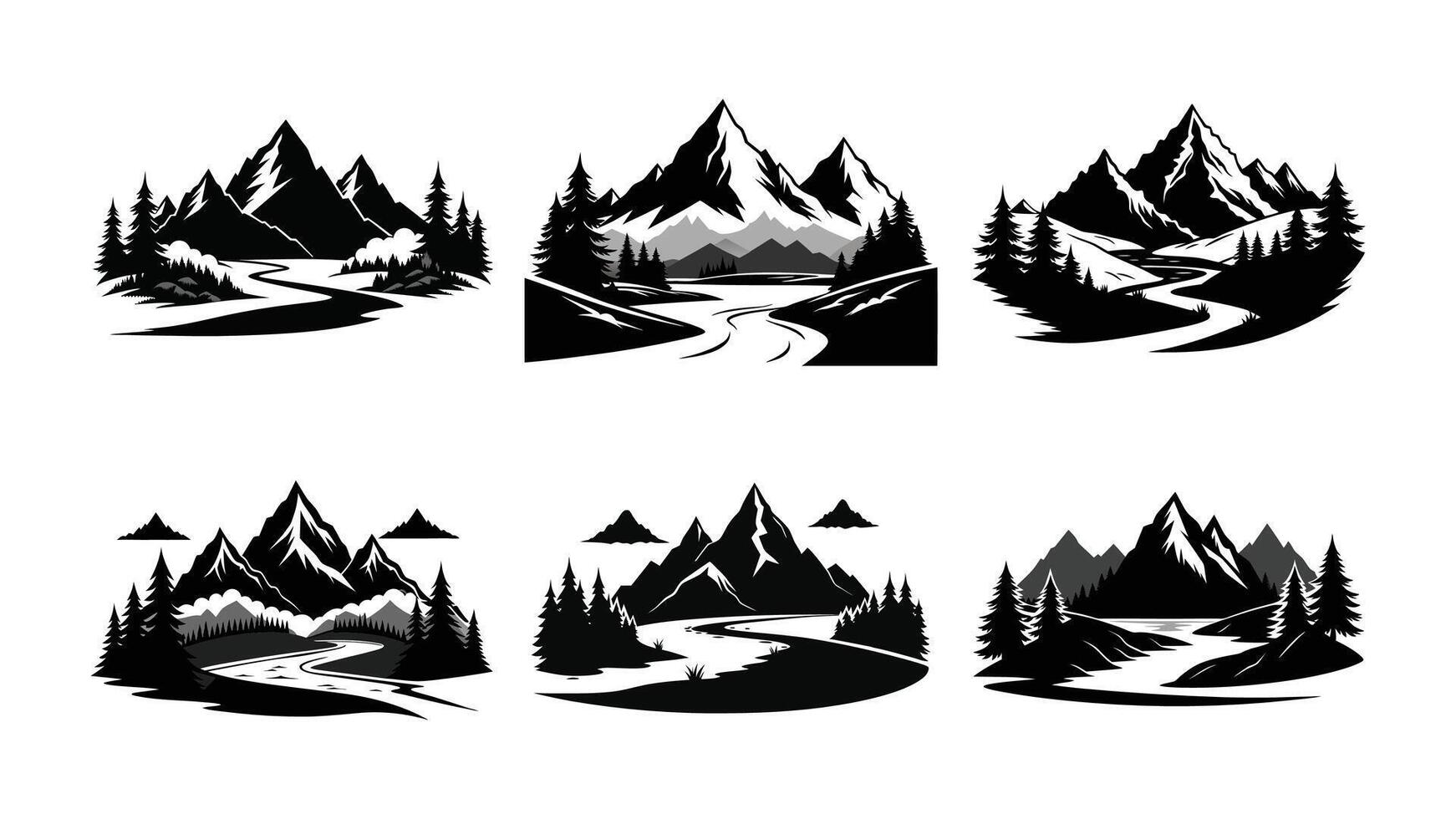 cabin by the river with mountain black silhouette set on white background, set of camping icons vector