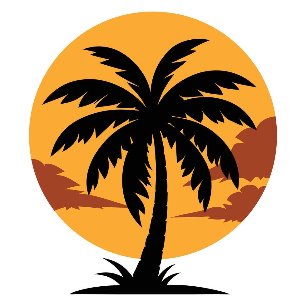 Tropical palm tree, silhouette of palm tree with sun vector