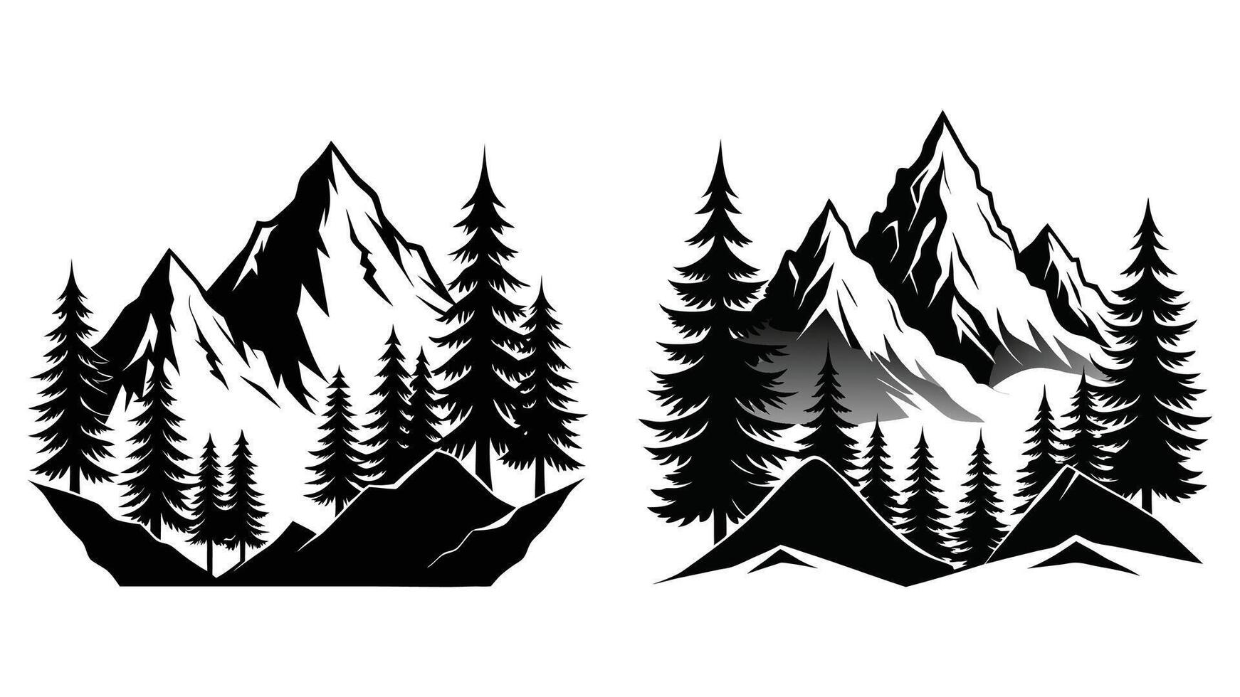 High Mountains and Evergreen Trees Silhouette Monochrome Nature Scenery black silhouette on white background vector
