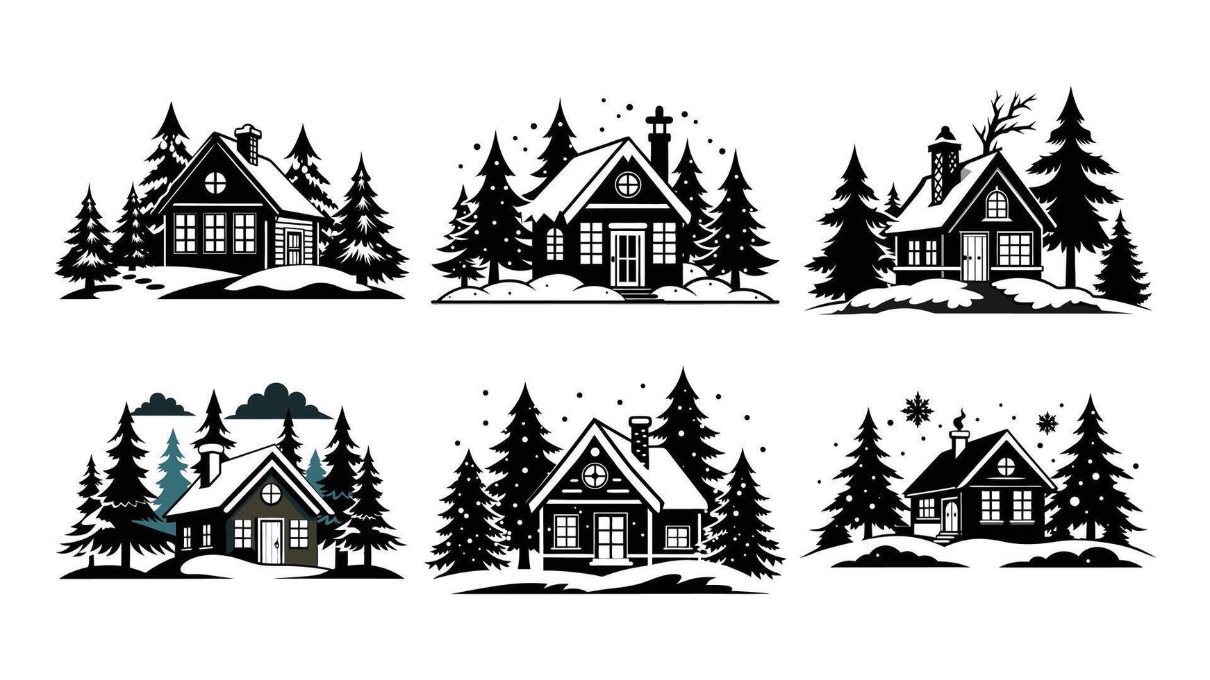 Collection of cozy house with winter wonderland silhouette with snow covered black silhouette on white background, set of cozy houses and trees Ai created vector