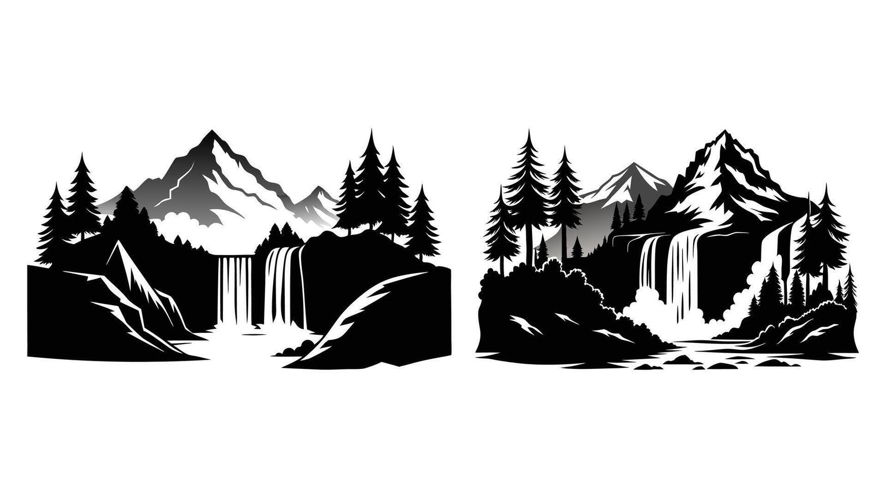 illustration of Waterfall mountain landscape black silhouette set vector