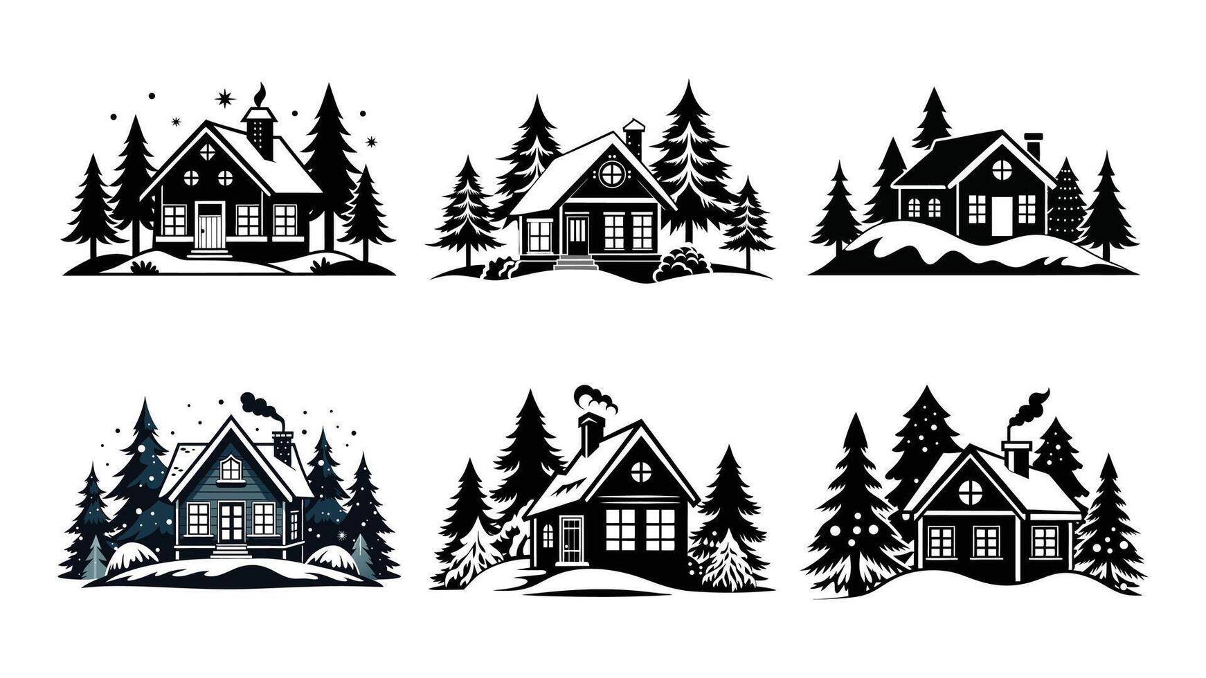 Collection of cozy house with winter wonderland silhouette with snow covered black silhouette on white background, set of cozy houses vector