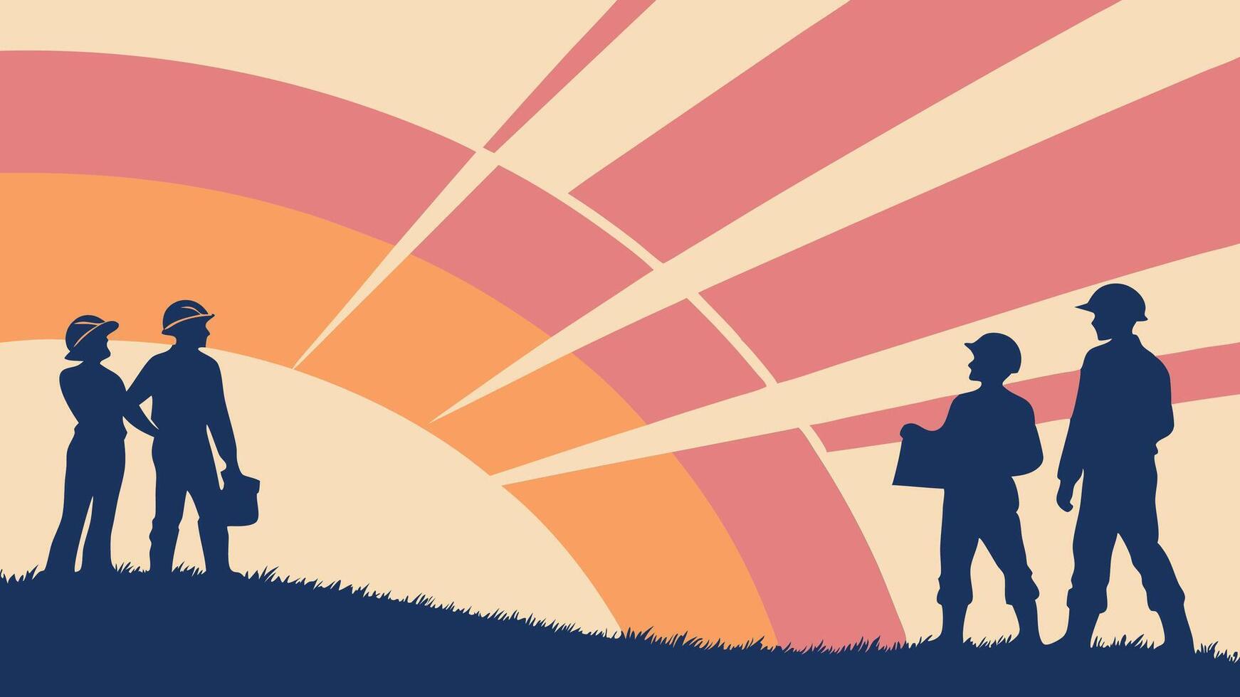 illustration of workers silhouettes with sunburst in the background, May 1st Day, Labour Day concept, Happy Labour Day, Labor Day, Workers Day. AI created vector