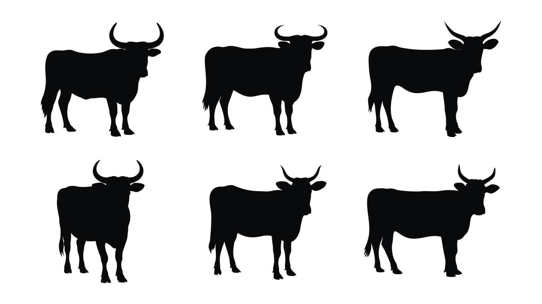 Cute deer silhouette set illustration features cow with horns, shown in profile, with clean and simple lines, set against a white background vector