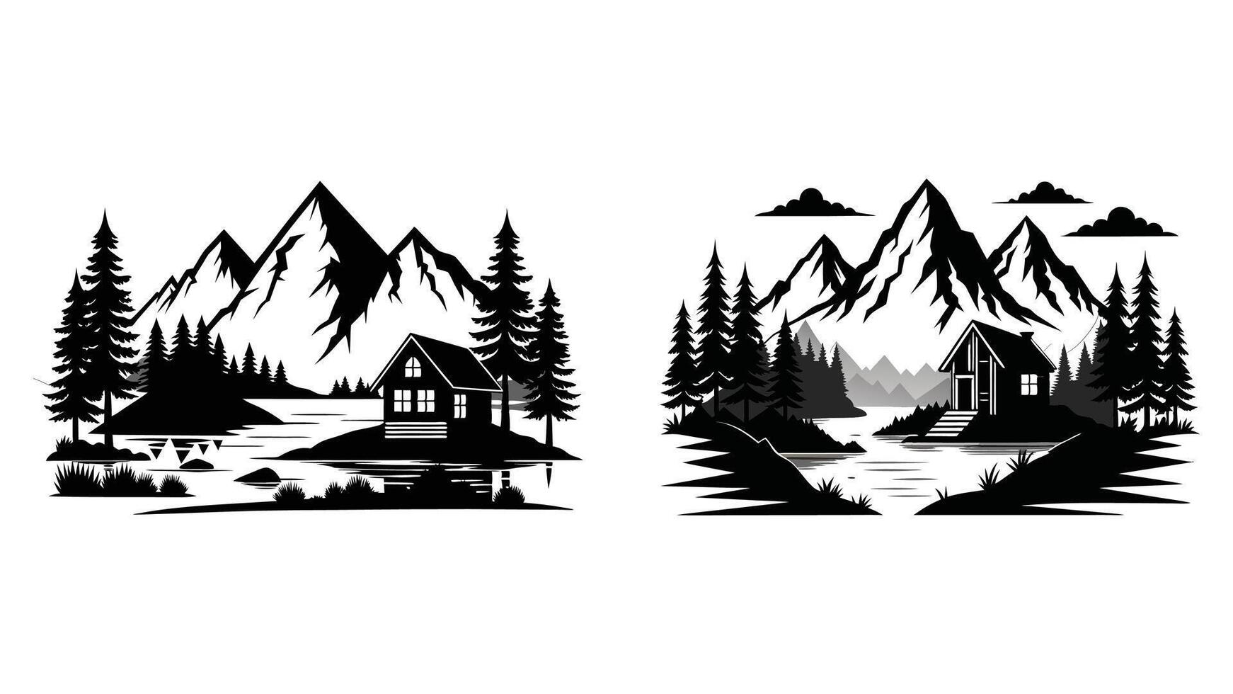 set of Snowy winter landscape of pine trees in a cold forest for a holiday camping scene vector
