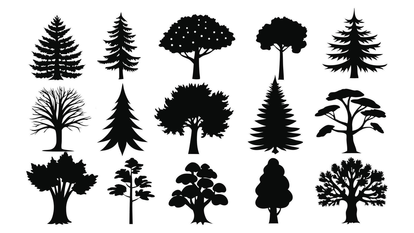 A set black silhouette outlines of various trees, including palm and pine, showcasing a natural collection with leaf and branch details, collection of trees silhouettes vector