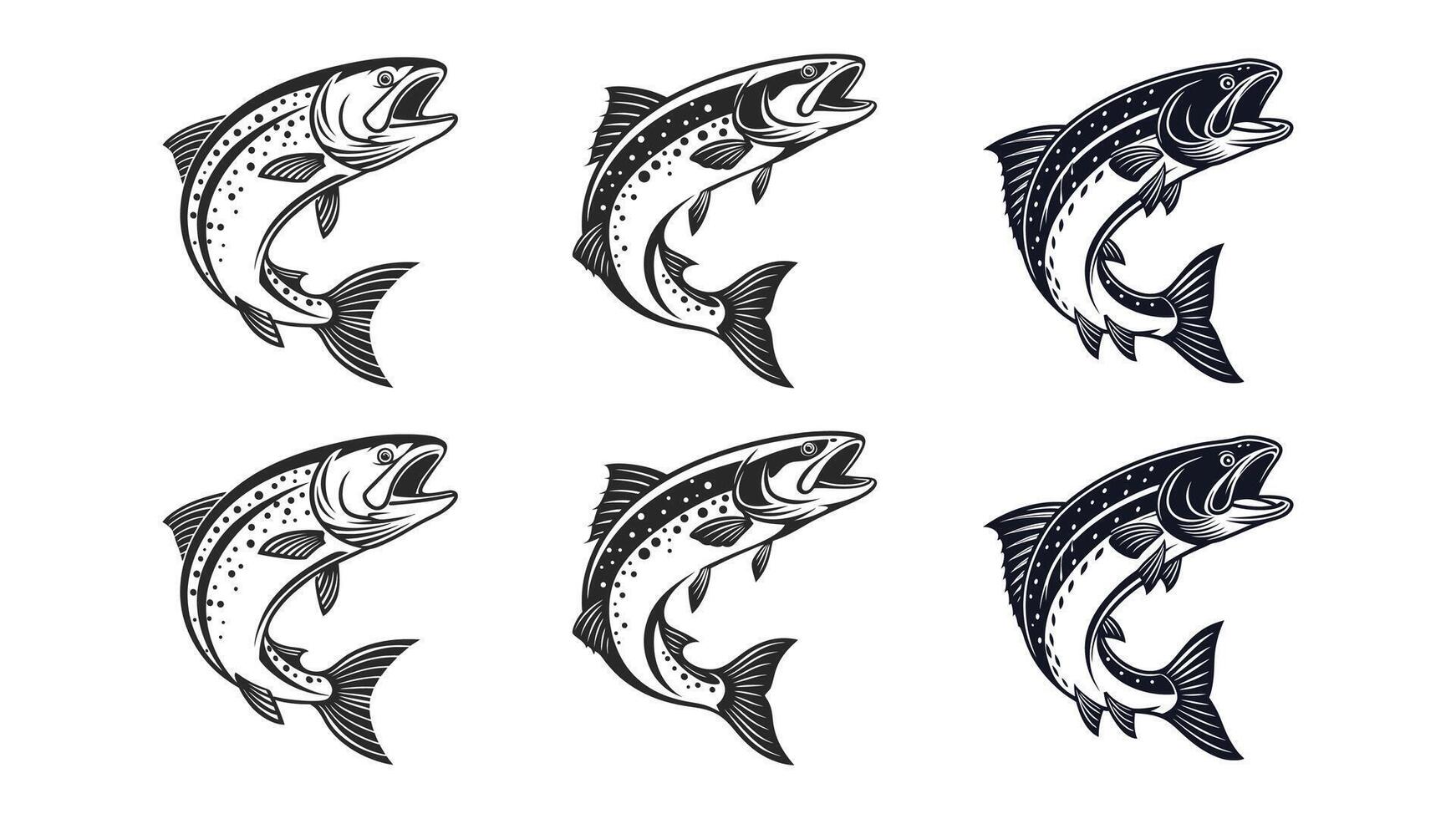 Tribal eagle tattoo design set with fish silhouette and ocean pattern art, Silhouette of a monster trout fish set vector