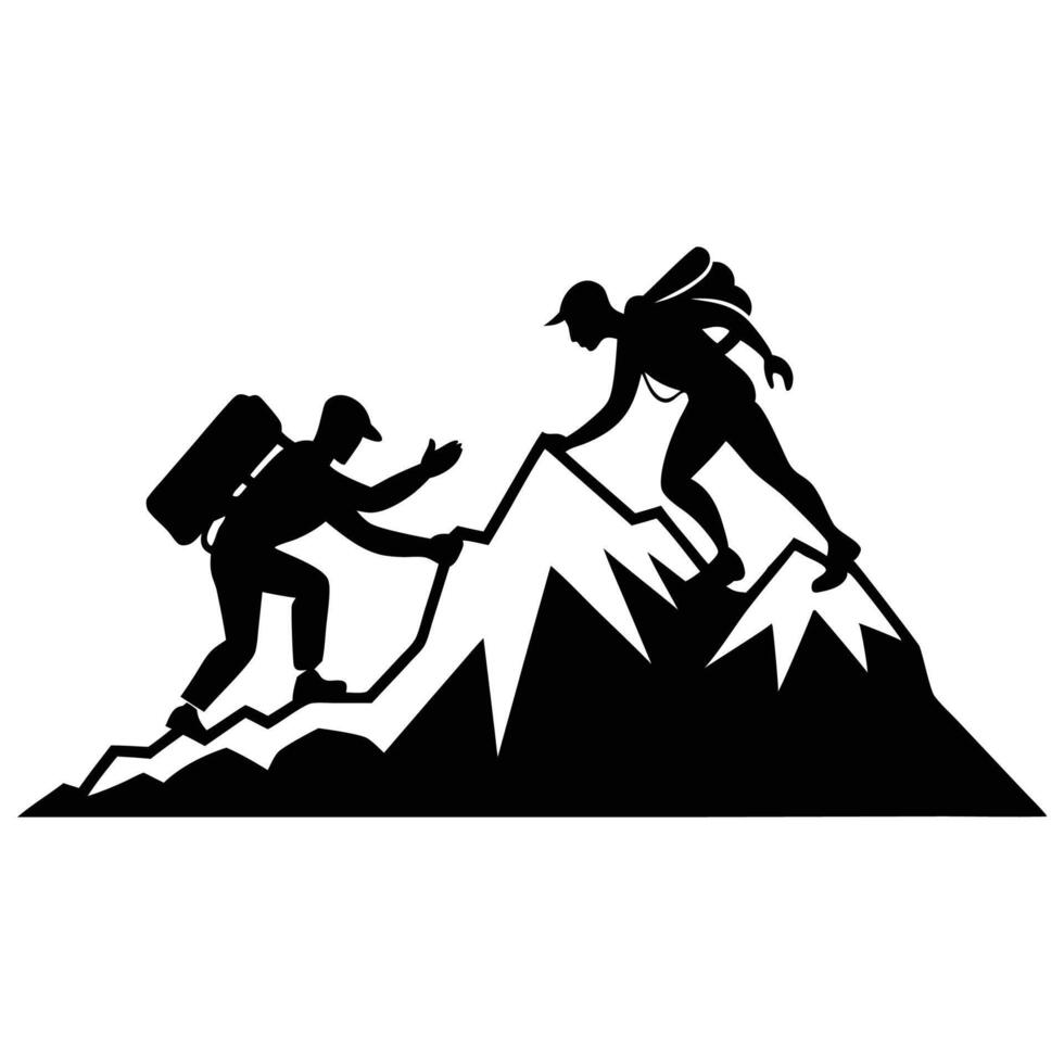 Hiker helping friend reach the mountain silhouette in black color on white background vector