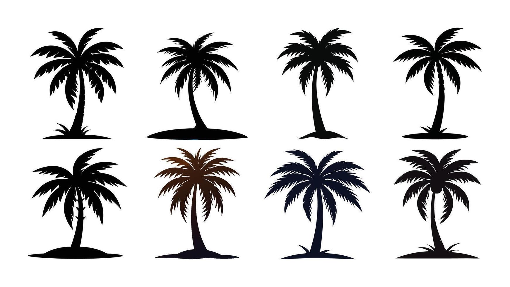 Collection of Palm tree silhouettes isolated on a white background, Tropical palm trees black clipart. Set of tropical palm trees vector