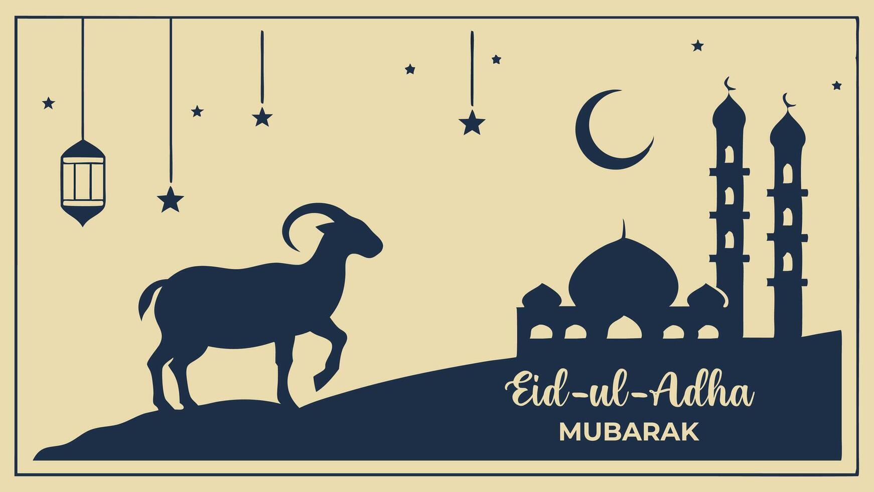 Eid mubarak greeting card with mosque, A beautiful, minimalist illustration celebrating Eid al-Adha features a silhouette of a ram in the foreground vector