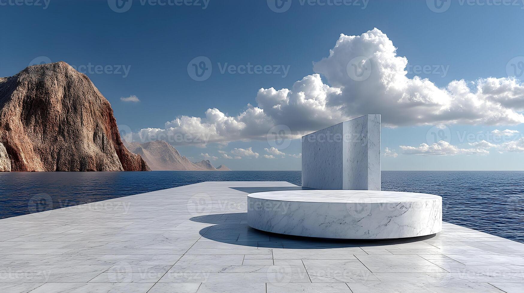 Marble platform with ocean view and cloudy sky for product display and presentation scene mockup design photo