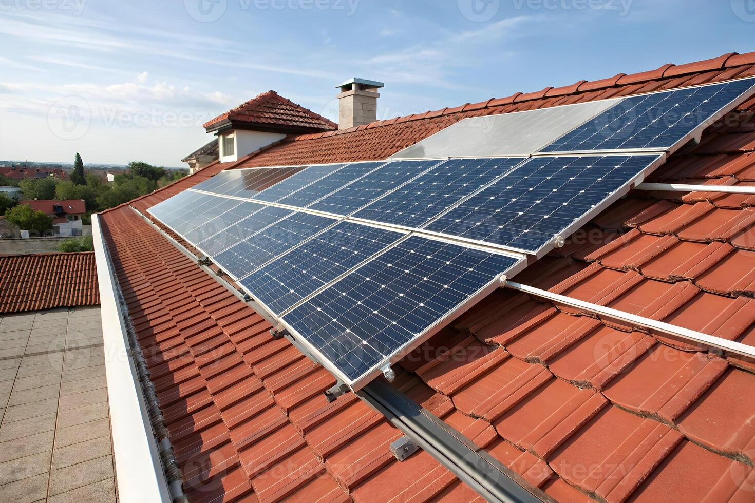 Solar panels installed on a red tile roof, angled to show dark blue cells and silver frames in sunlight photo
