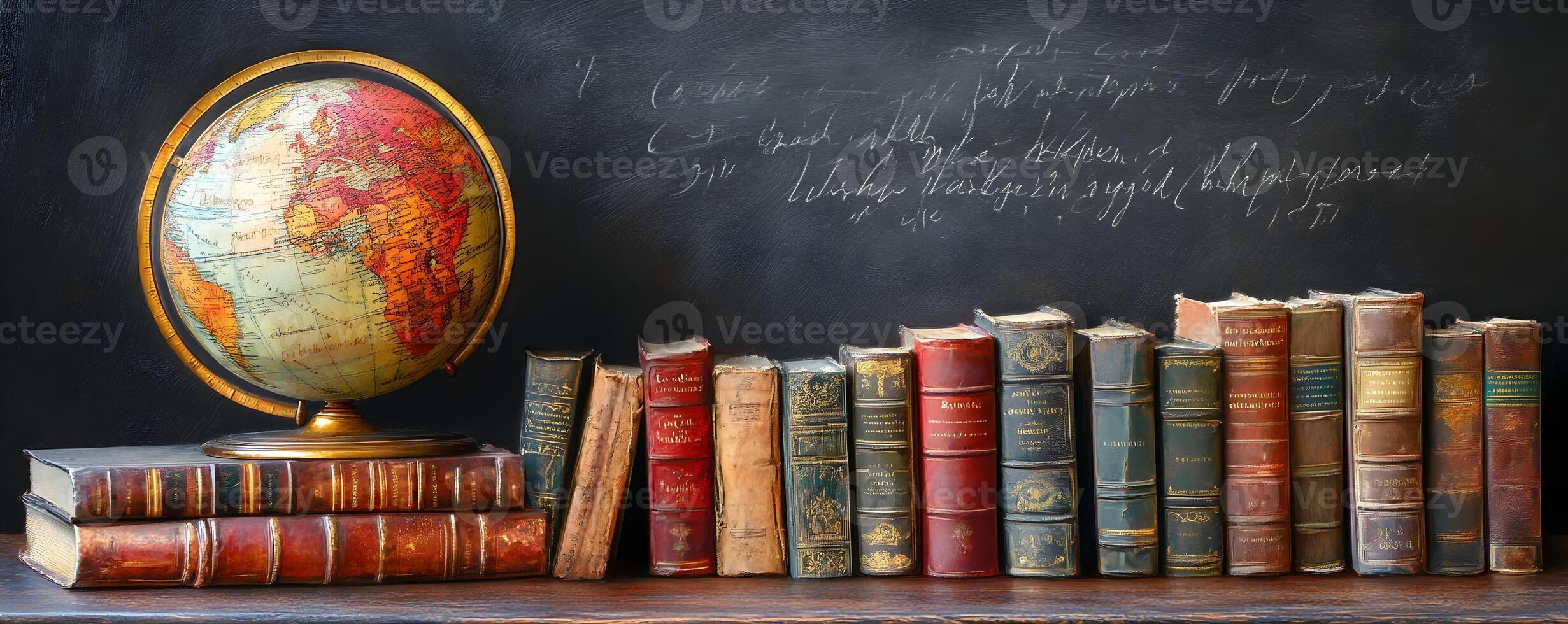 Vintage Books and Globe Against a Chalkboard for Education Concepts photo