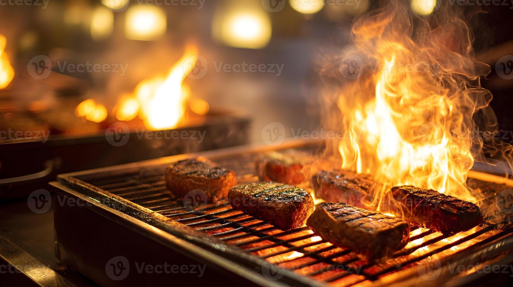 Close up of steaks grilling over an open flame for a barbecue in a restaurant kitchen setting photo