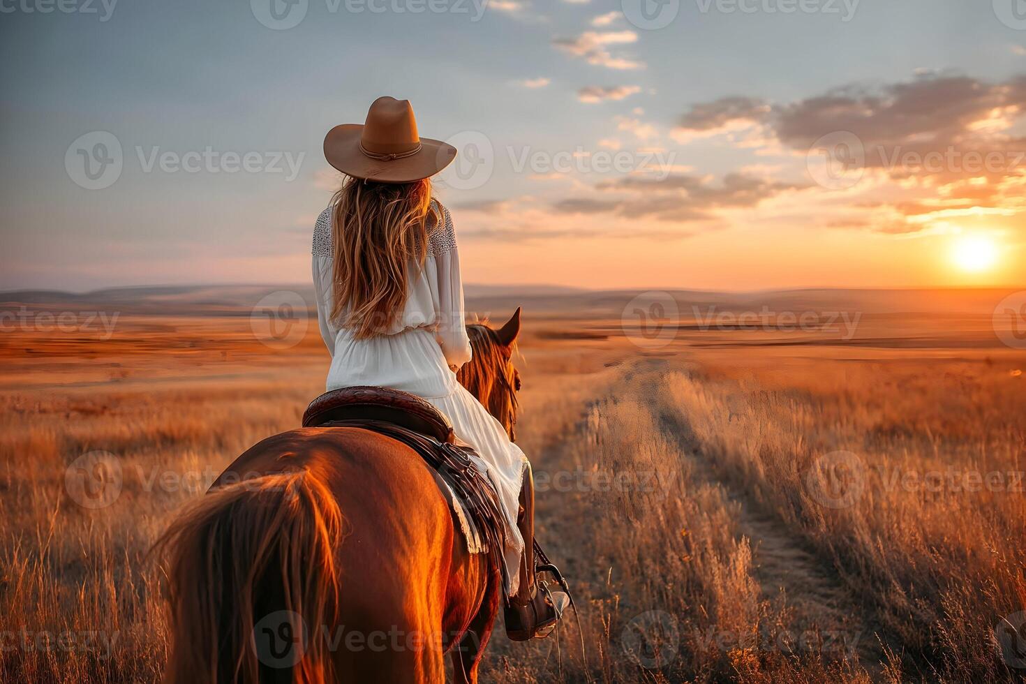 Woman in white dress riding horse on field at sunset with cowboy hat and long hair viewed from behind photo