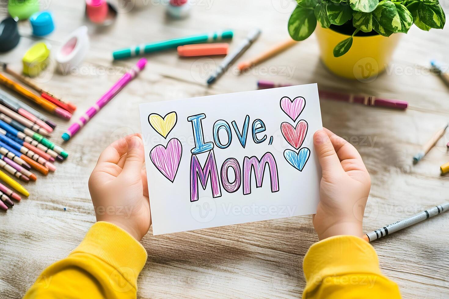 top view Child Holding a Heartfelt I Love Mom Drawing at Home photo