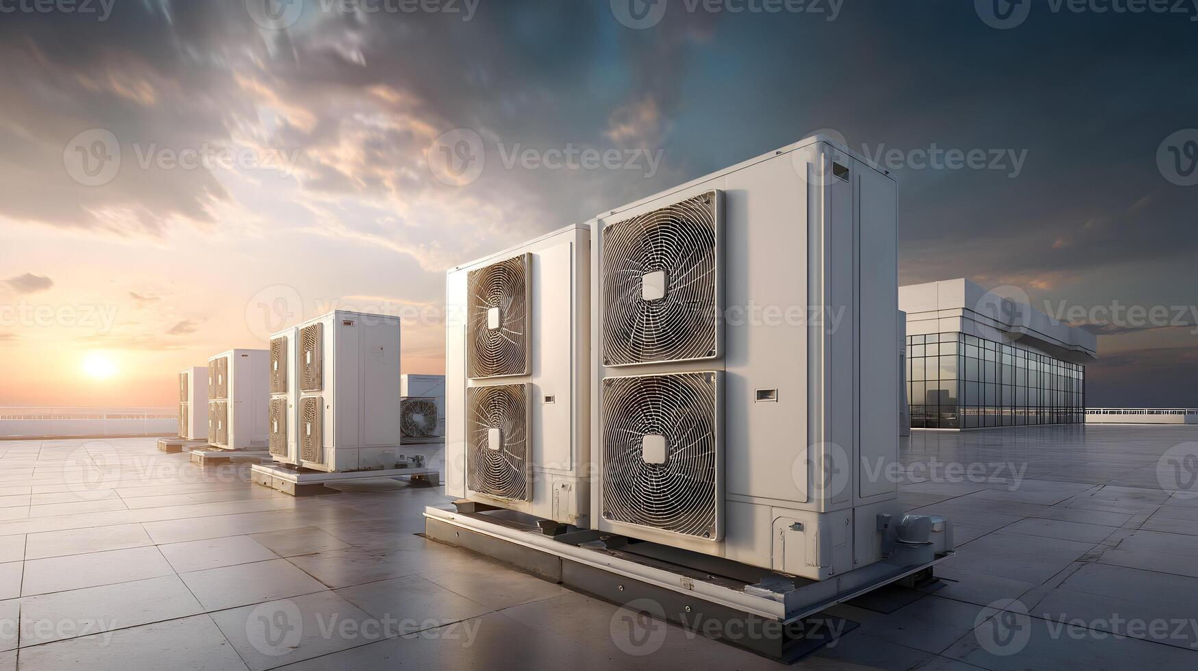 Row of air conditioning units on a rooftop against a dramatic sky at sunset or sunrise photo
