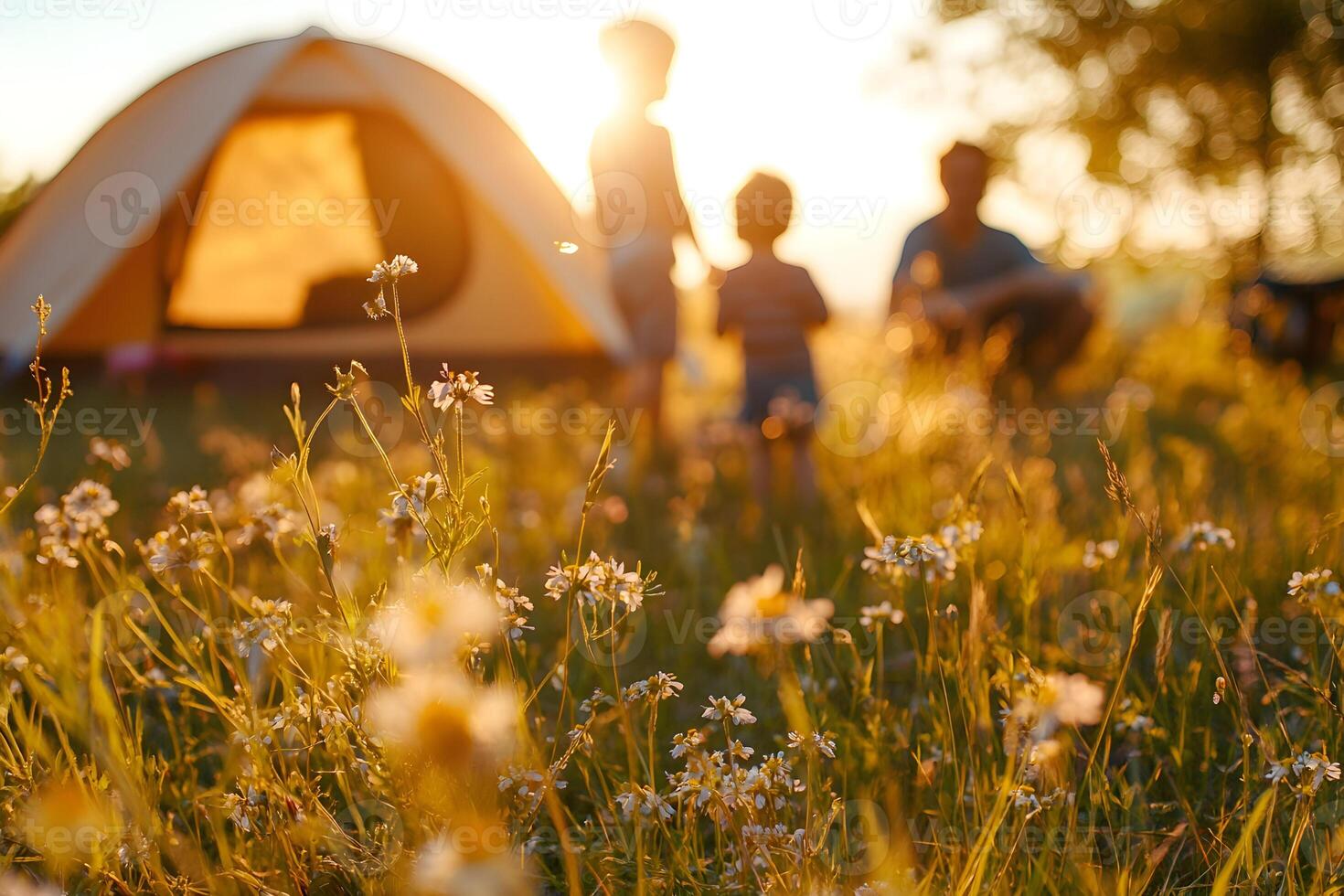 Family camping together in a field with a tent at sunset enjoying nature and outdoor recreation life photo