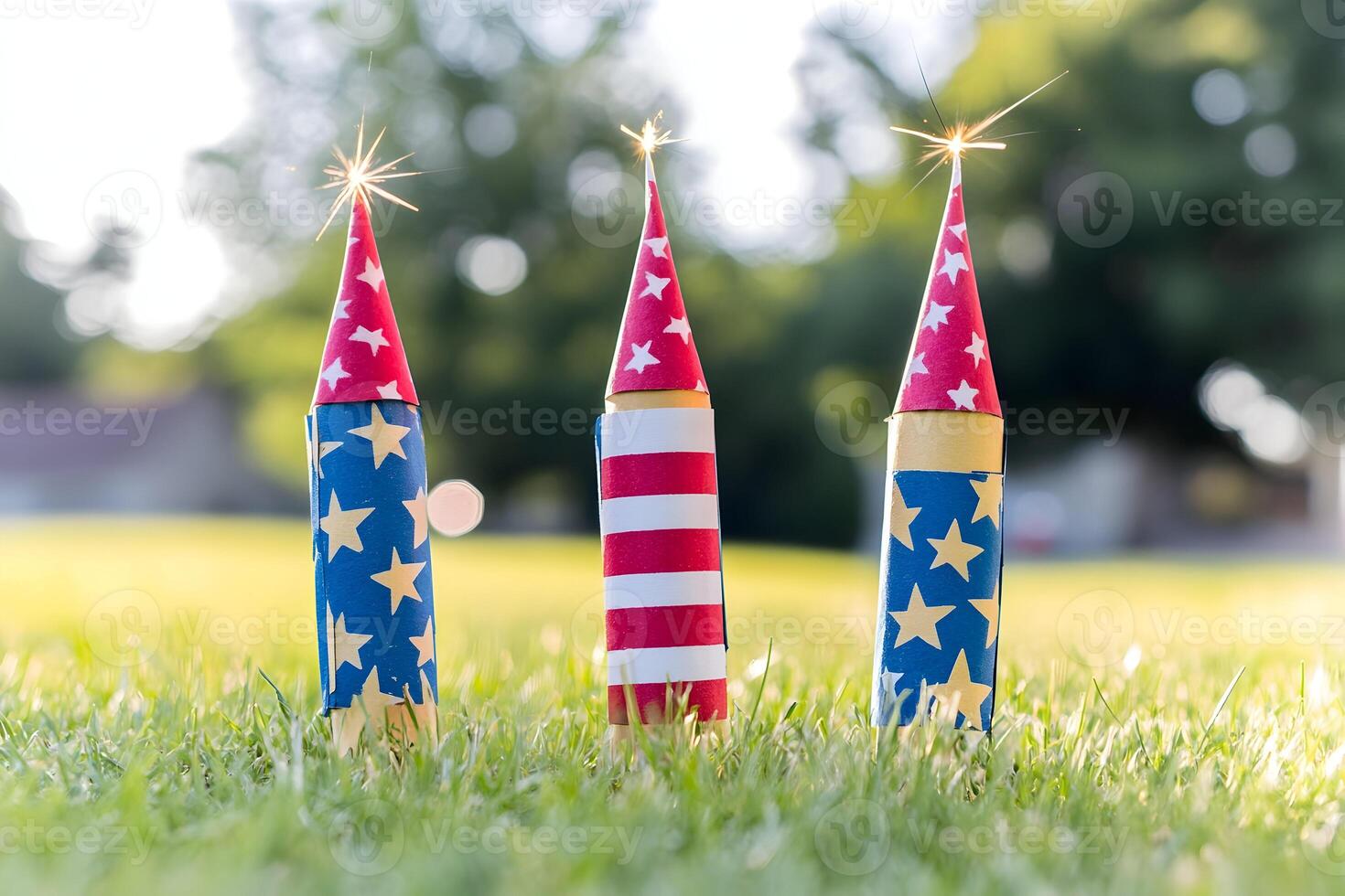 Colorful Patriotic Fireworks Decorated with Stars and Stripes on Grass Background patriotic photo