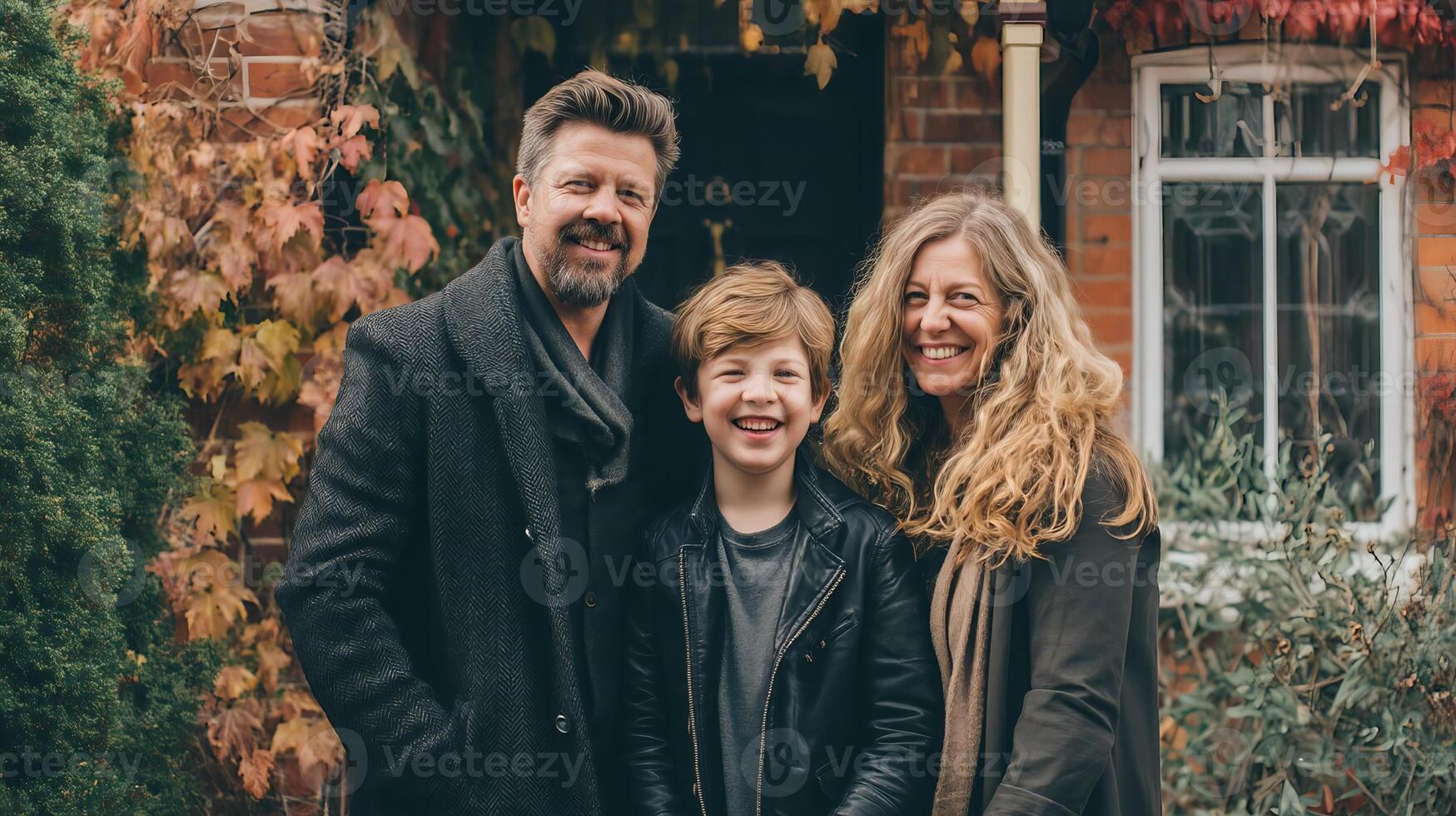 Happy family portrait in front of a brick house with autumn foliage and a smiling young boy photo