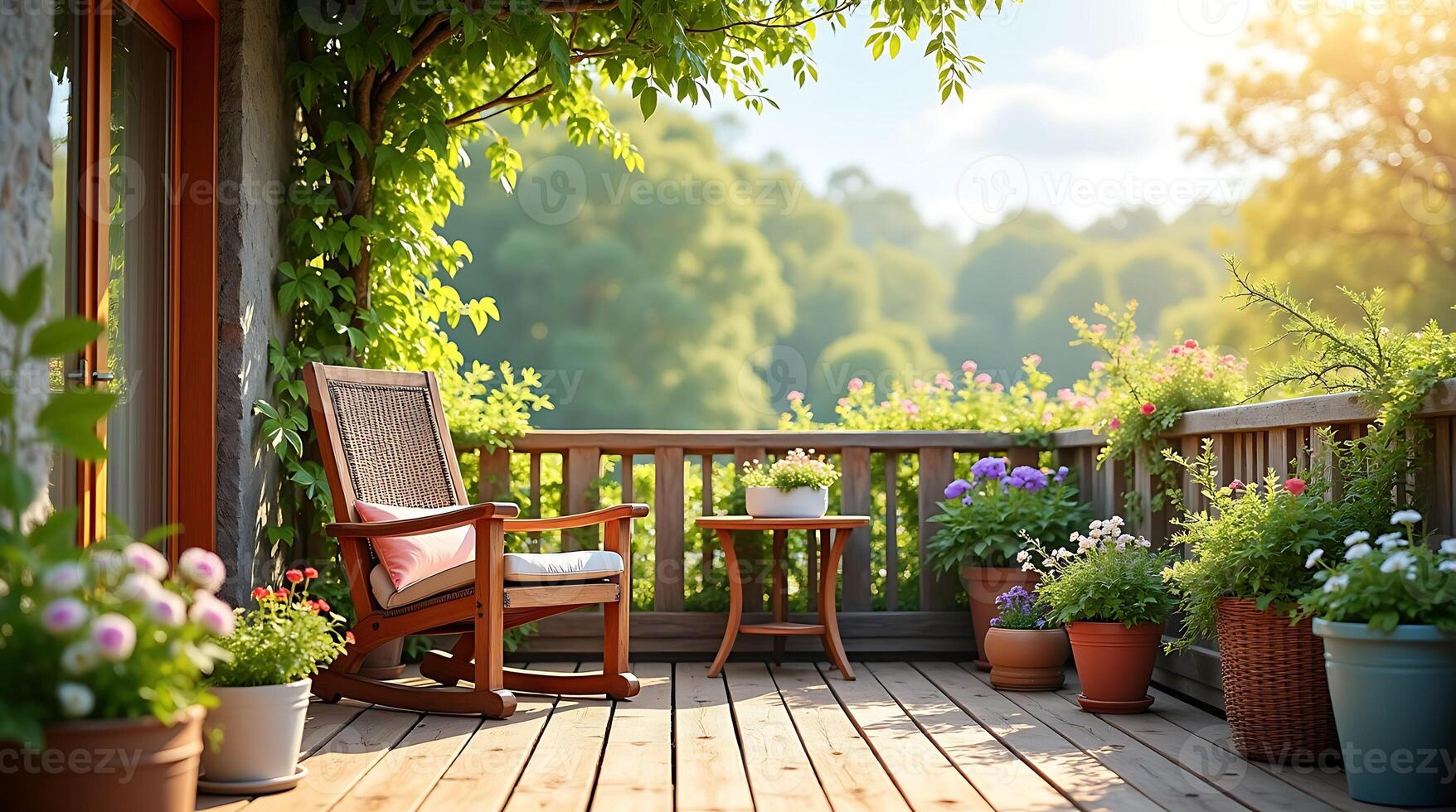 Relaxing Balcony Garden with Wooden Chair and Potted Plants with a Mountain View and Beautiful Flowers photo
