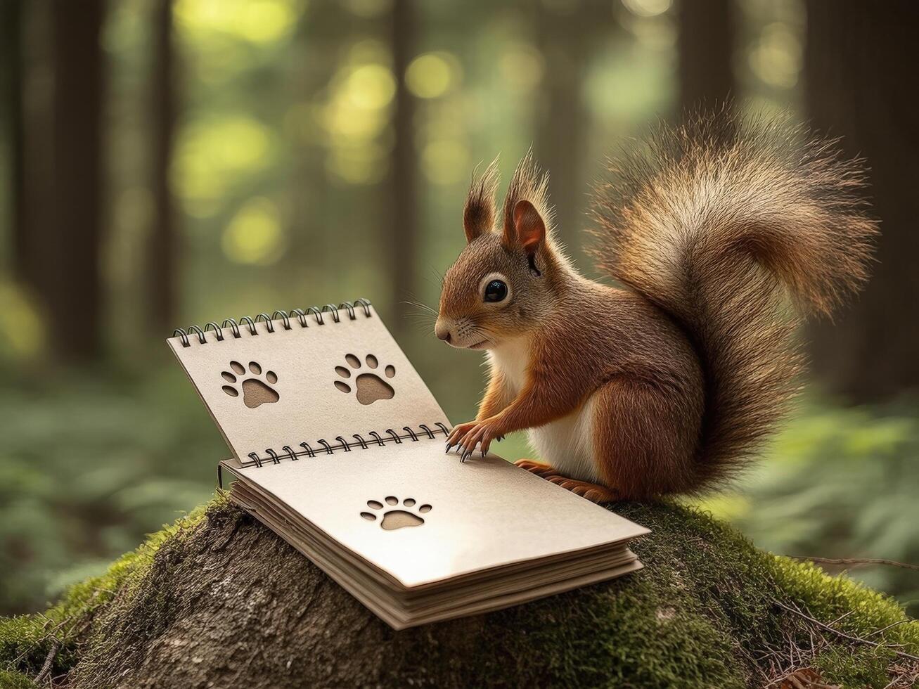 A squirrel making a handmade journal with pressed leaves and recycled paper in a forest cabin, Nature-inspired designs, tiny scissors, and paw prints on the paper. photo